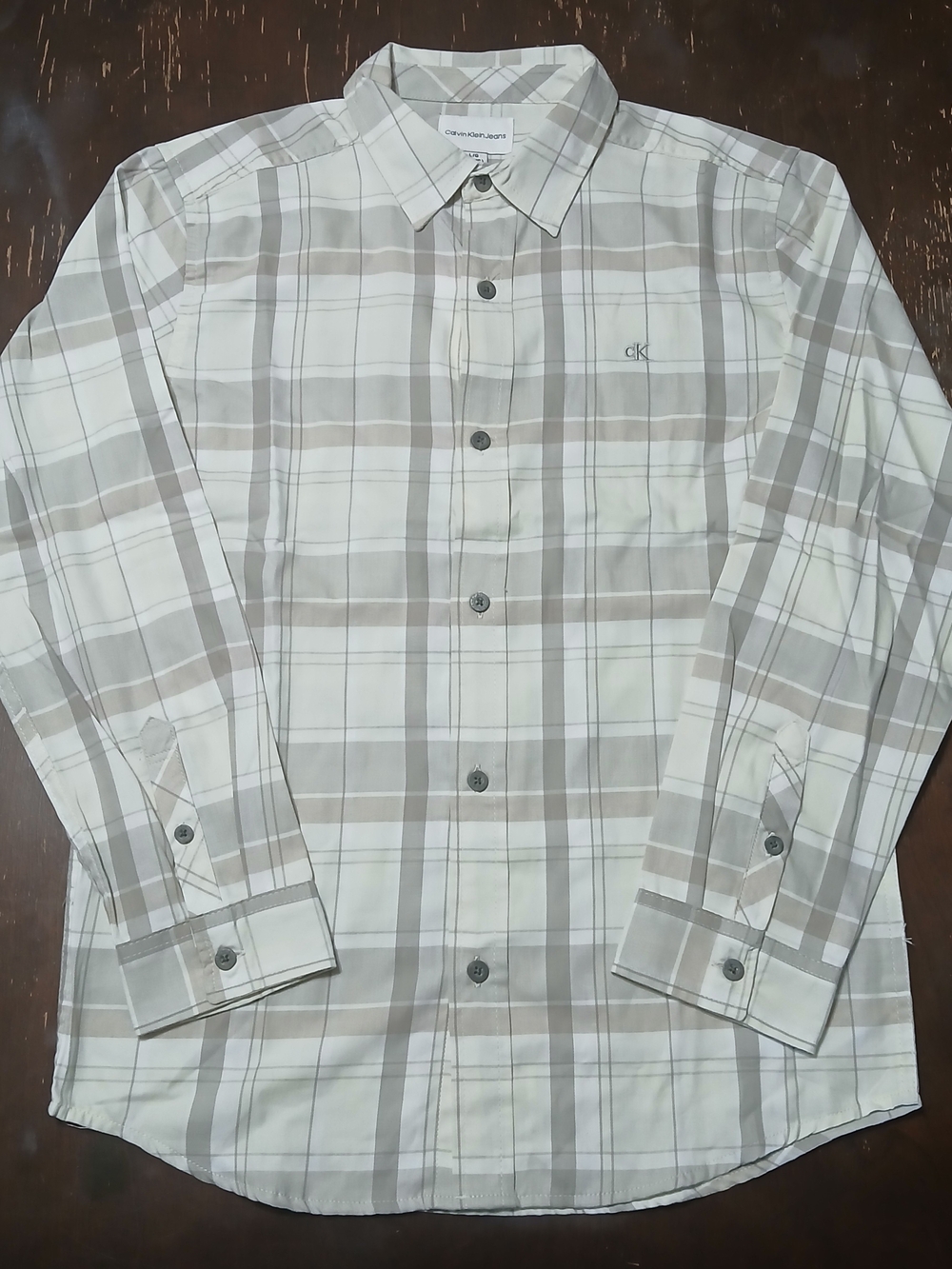 Calvin Klein Jeans Beige Plaid Long Sleeve Button-Up Shirt Size L (14/16)